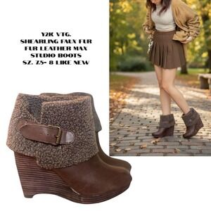 Y2K brown leather Sherpa fur buckle, Max Studio boot size 7.5-8 like new